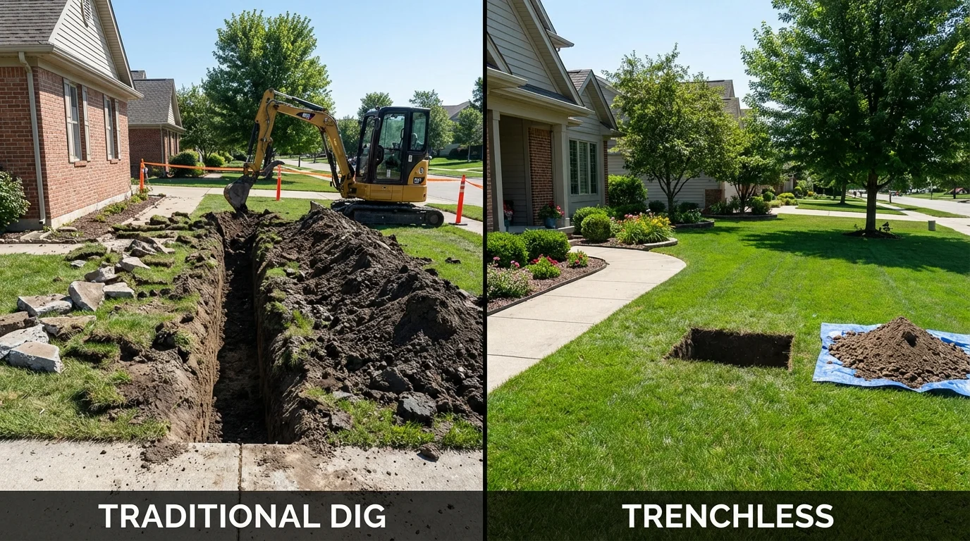 Trenchless sewer repair with minimal yard damage versus traditional excavation in Newark, NY